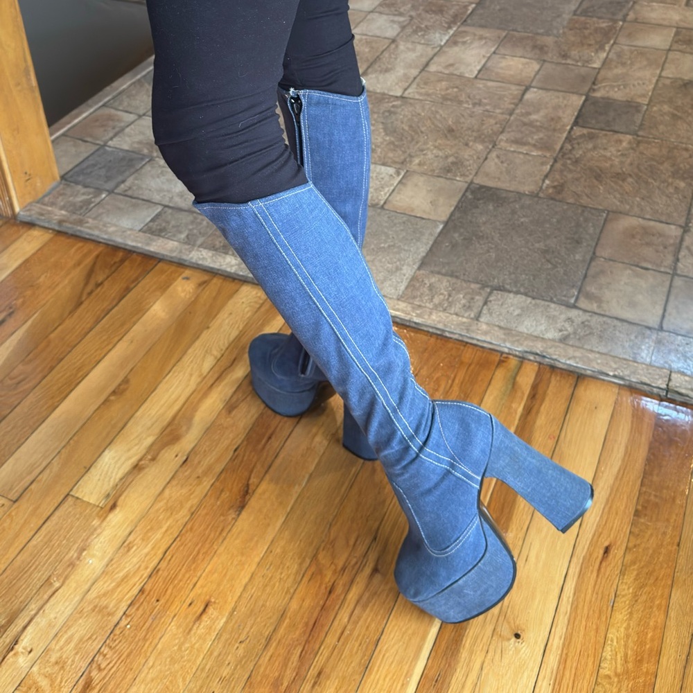 Vintage 1969 Platform Denim Knee-High Boots from London size 8 1/2 - Picture 11 of 12